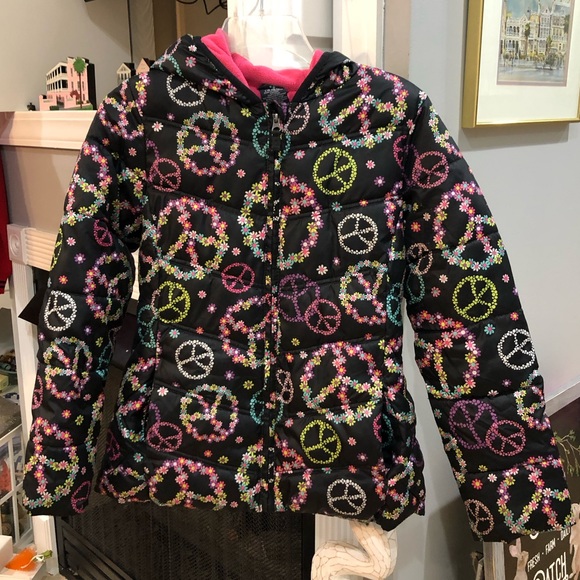 Faded Glory Girls Floral Peace Sign Puffer Lined Hooded Winter Snow Jacket Coat - Picture 1 of 7